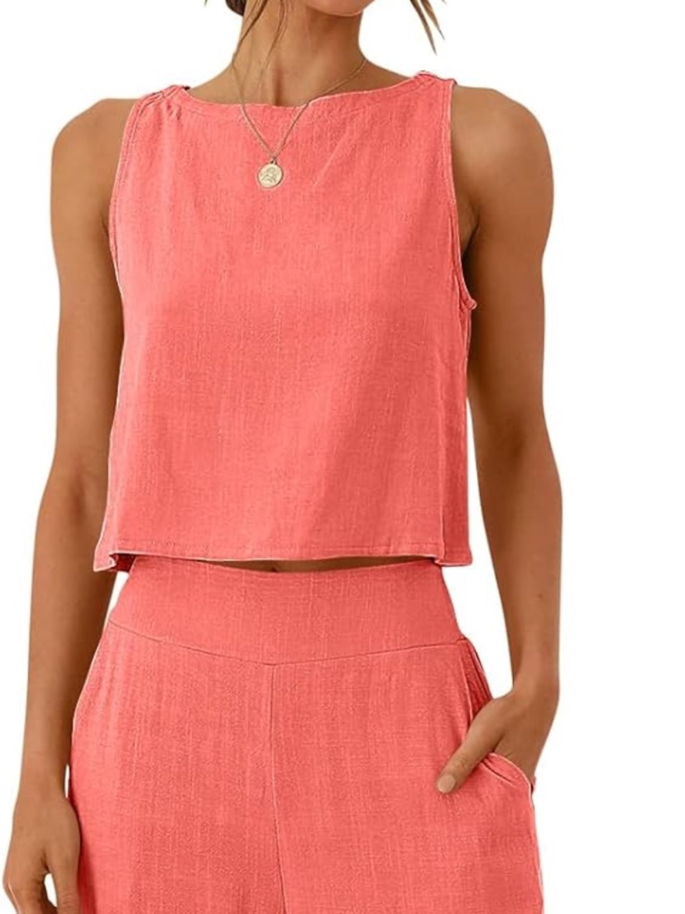 ANRABESS NWT Coral Pink Linen Blend 2 Piece Set Crop Top Wide Leg Pants XL